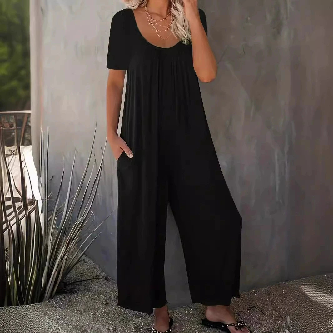 Plus Size Summer Women's Solid Color Jumpsuit with Pockets Casual Fashion