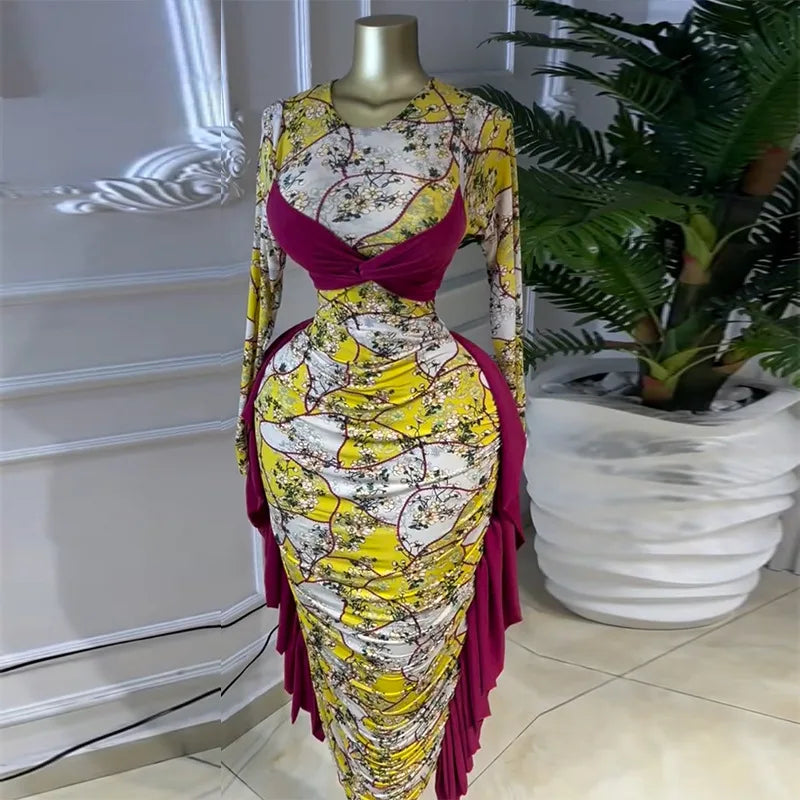 Kukutan O-neck Long Sleeve Floral Print Ruched Ruffles Long Maxi Dress
