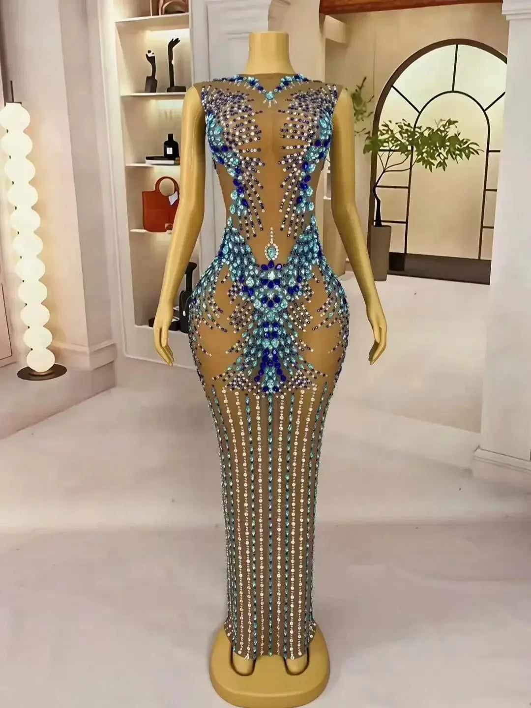Ligonier Sparkly Rhinestones Nude Mesh Maxi Long Elegant Dress