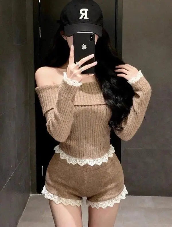 Erika Lace Splice One Shoulder Knitted Two Piece Sets