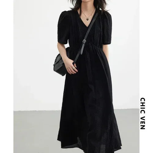 French Style Vintage V Neck Puff Sleeve Solid Black Loose Long Dress