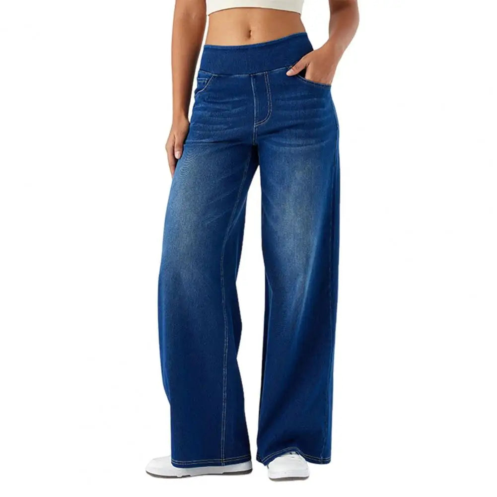 Women Jeans with Pockets Elastic Casual High Waist Wide-leg Jeans Solid Color Full