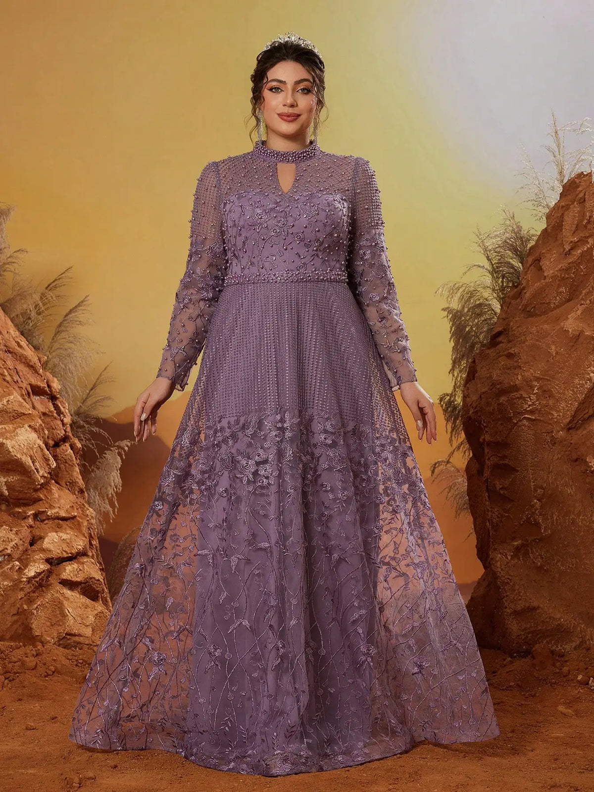 La Perla Elegance Plus Size Long Sleeve Embroidery Lace with Rhinestones Maxi Dress