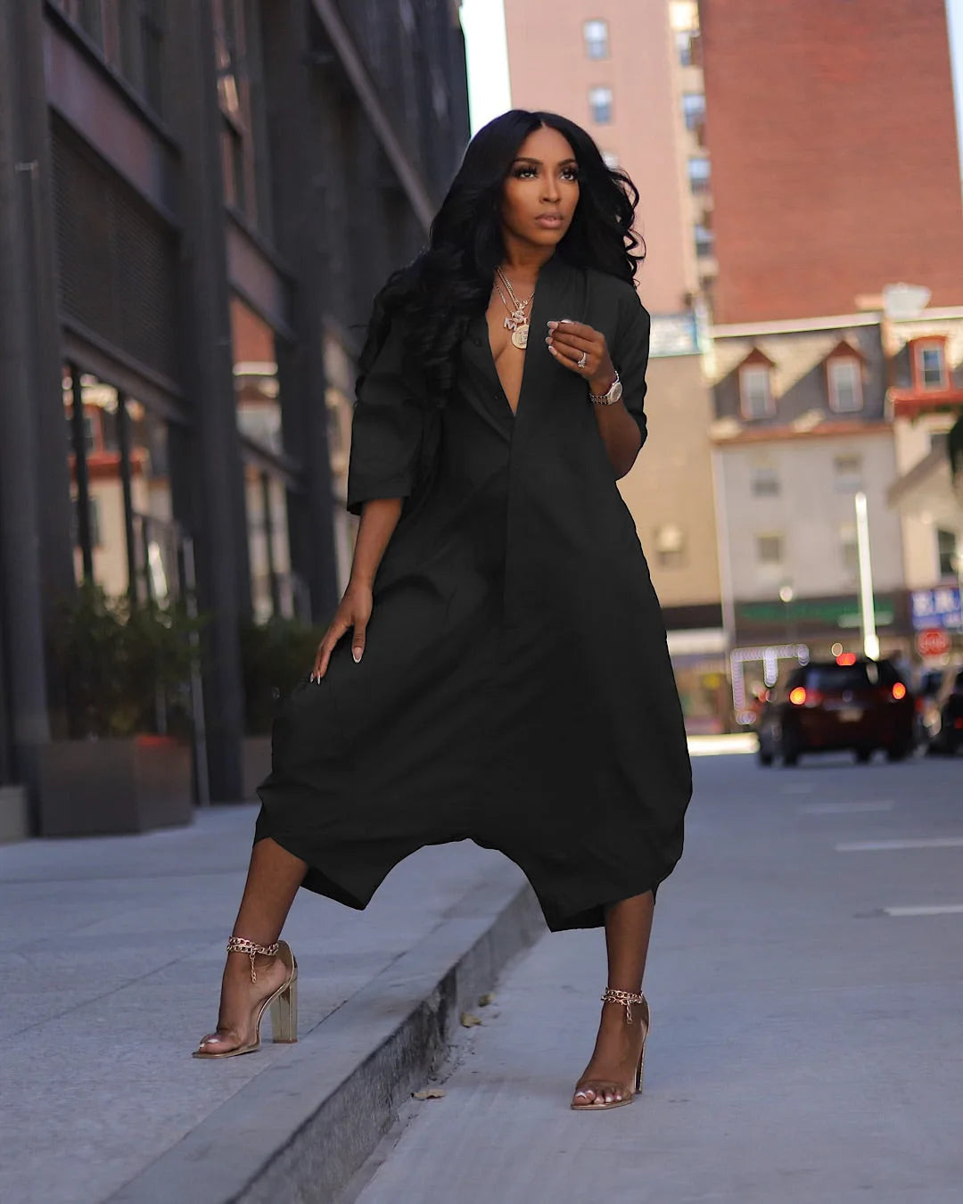 Women Plus Size Jumpsuit Business Casual Black Pocket Harem Rompers Single
