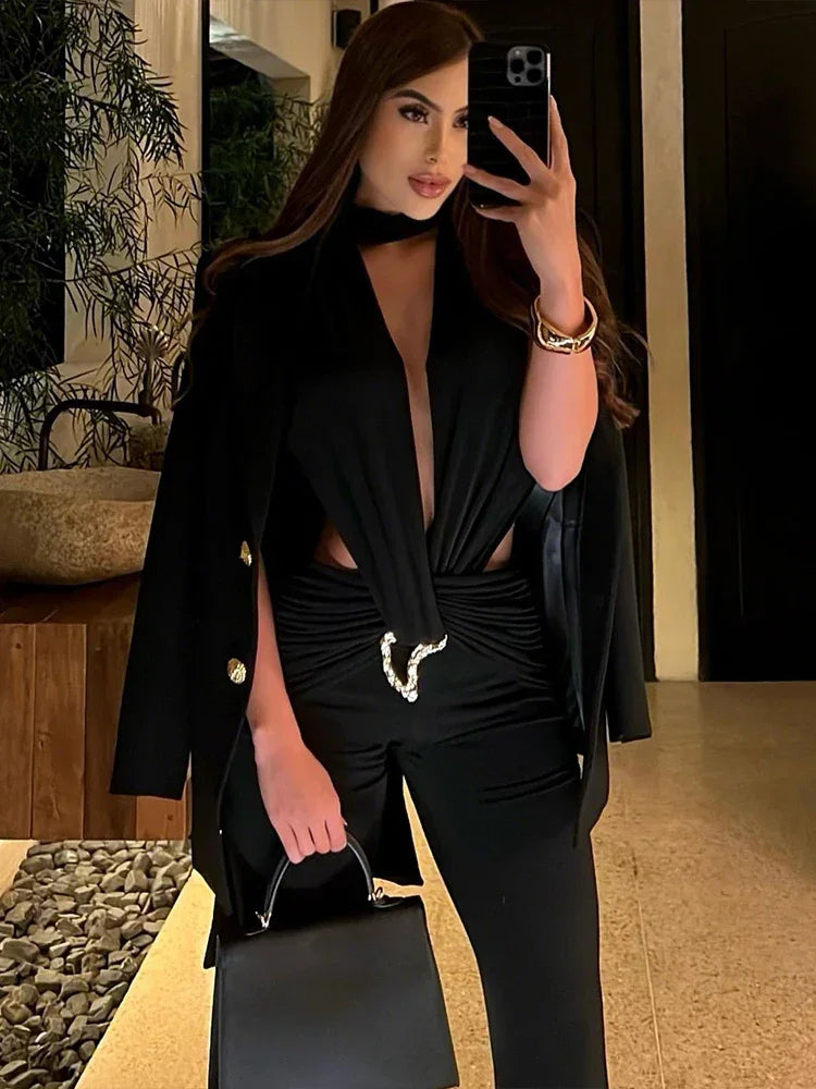 Syracuse Ruched Waistless Metal Cross Hollow Bandage Coquette Midnight Jumpsuit