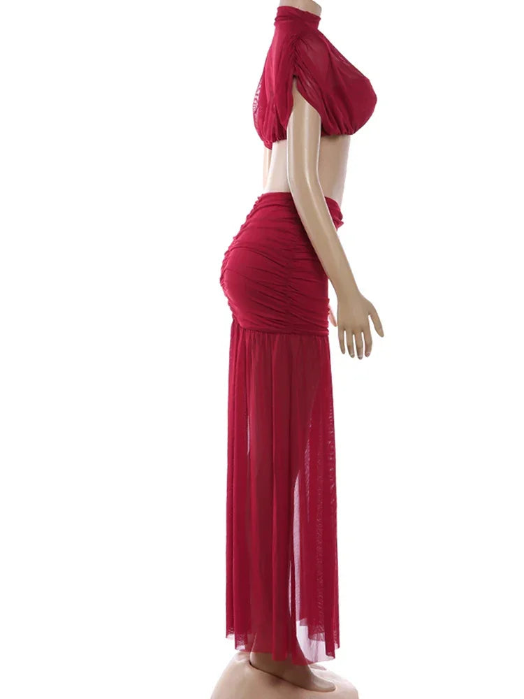 Haddam Half High Collar Shoulder Wrapped Ruched Patchwork Peach Hip Split Set