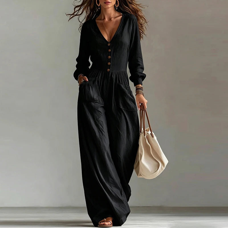Elegant Woman Jumpsuit V Neck Long Sleeve Button Playsuits Female Casual Overalls White Long Jumpsuits For Women Outfits White