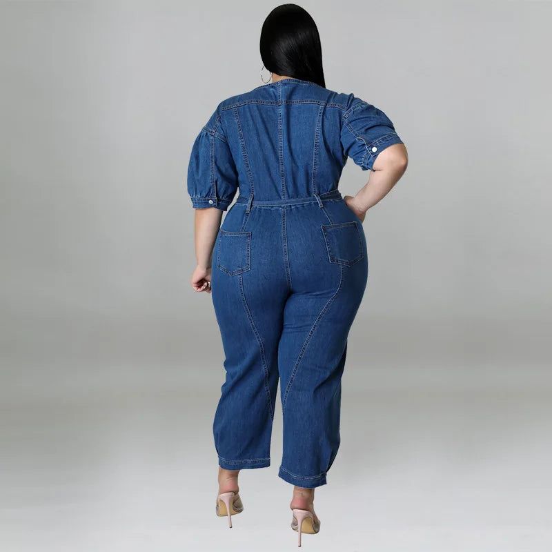 Plus Size Half Zipper Front Belted Jumpsuit Women New Streetwear Puff Sleeve Fashion Washed Jumpsuit