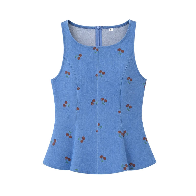 Viviana Denim Printed Sleeveless Two Piece Sets