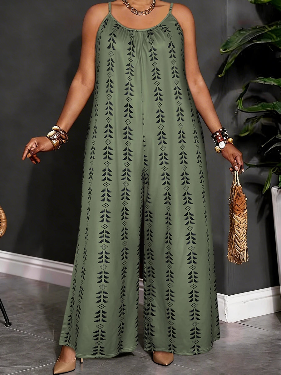 Plus Size Olive Green Geometric Print Spaghetti Jumpsuit, Summer Casual V Neck