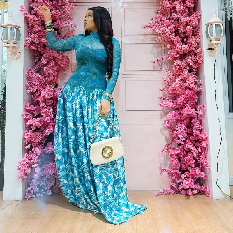 Passaic O Neck Fashion Long Sleeve Flower Printed Maxi Dress