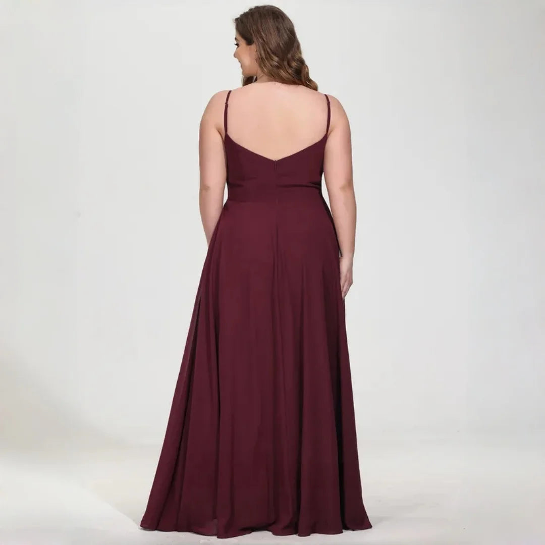 New York Plus Size Burgundy Chiffon Bridesmaid Spaghetti Strap Surplice V Neck Ruched Dress