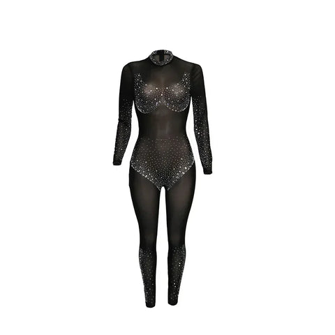 Union Square Fashion Sexy Mesh Perspective Hot Drill Long Sleeve Jumpsuit