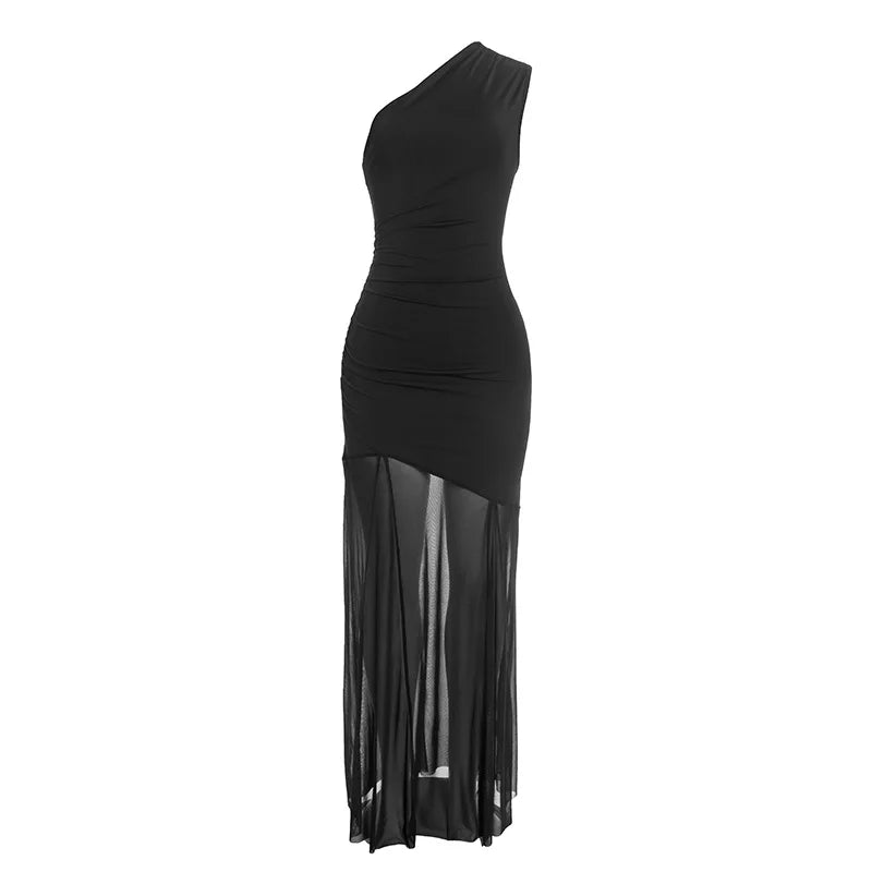 Off Shoulder See Through Dress Solid High Waist Patchwork Backless Slim Long Dress