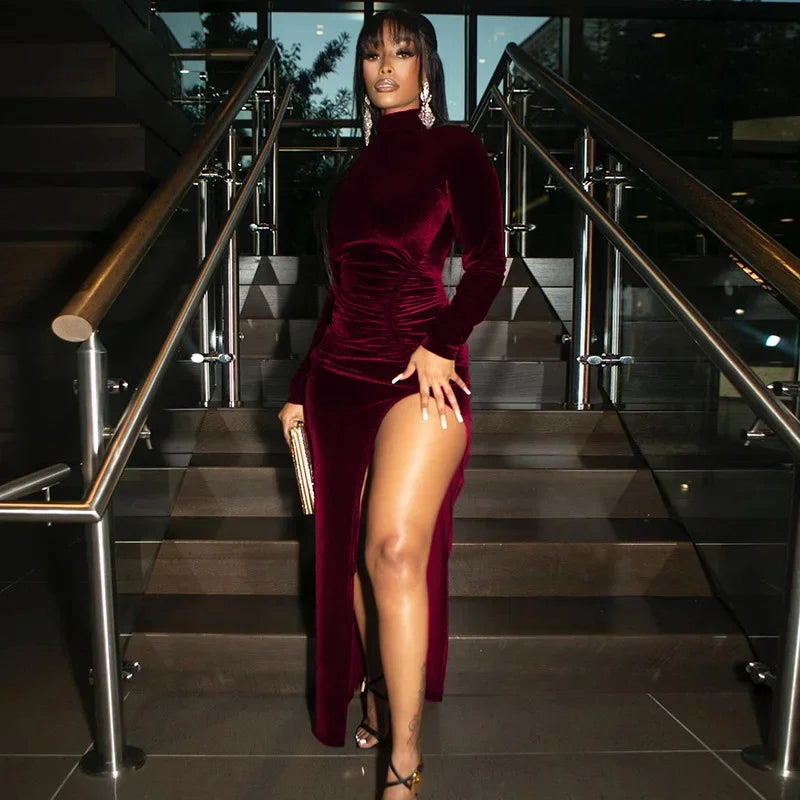 Dakota Style High Necked Long Sleeved Velvet Slim Pleated Slit Dress