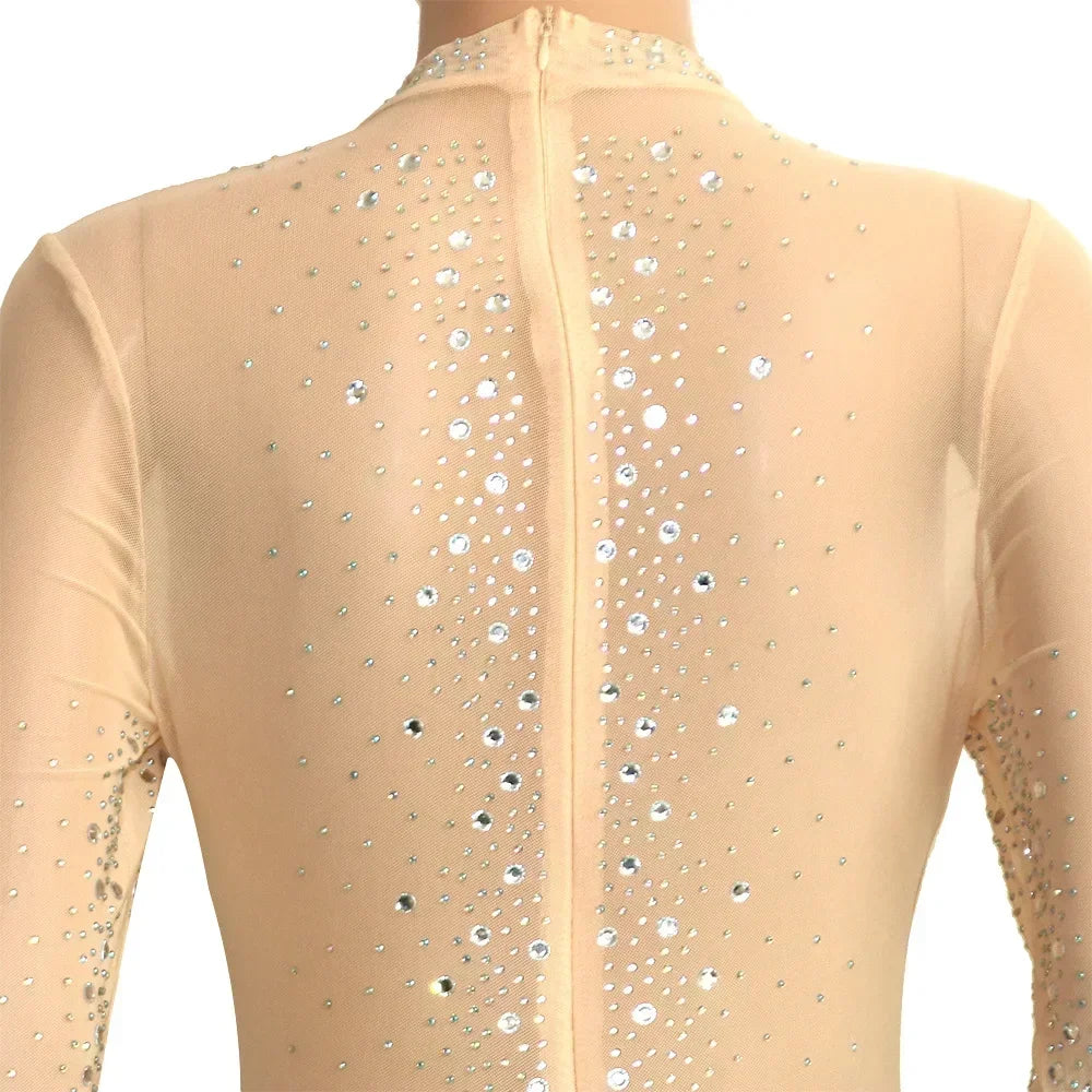 Union Square Fashion Sexy Mesh Perspective Hot Drill Long Sleeve Jumpsuit