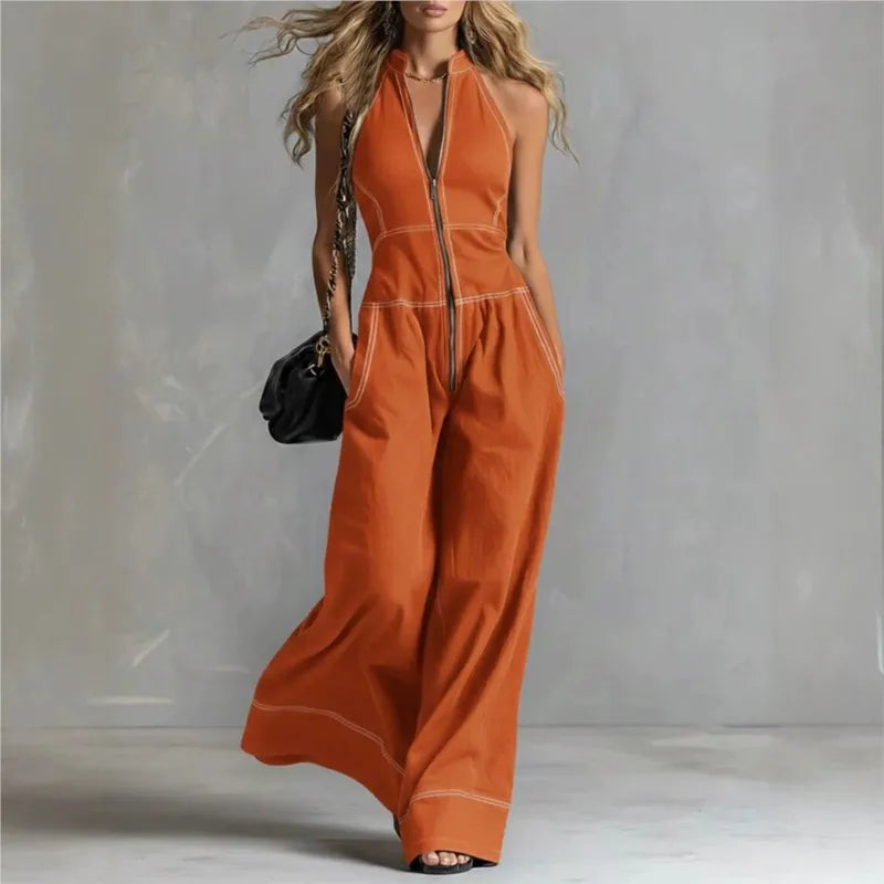 2026 New Summer Women's Jumpsuit Solid Color With Zipper Casual Loose Fashion Comfortable Unique Retro Niche Commuting Jumpsuit