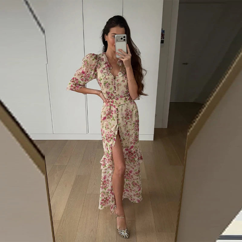 Alicia Floral Print V-Neck Flare Sleeve Mermaid Two Piece Sets