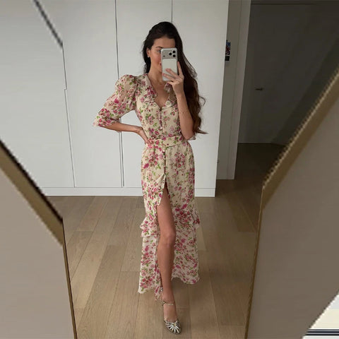 Alicia Floral Print V-Neck Flare Sleeve Mermaid Two Piece Sets