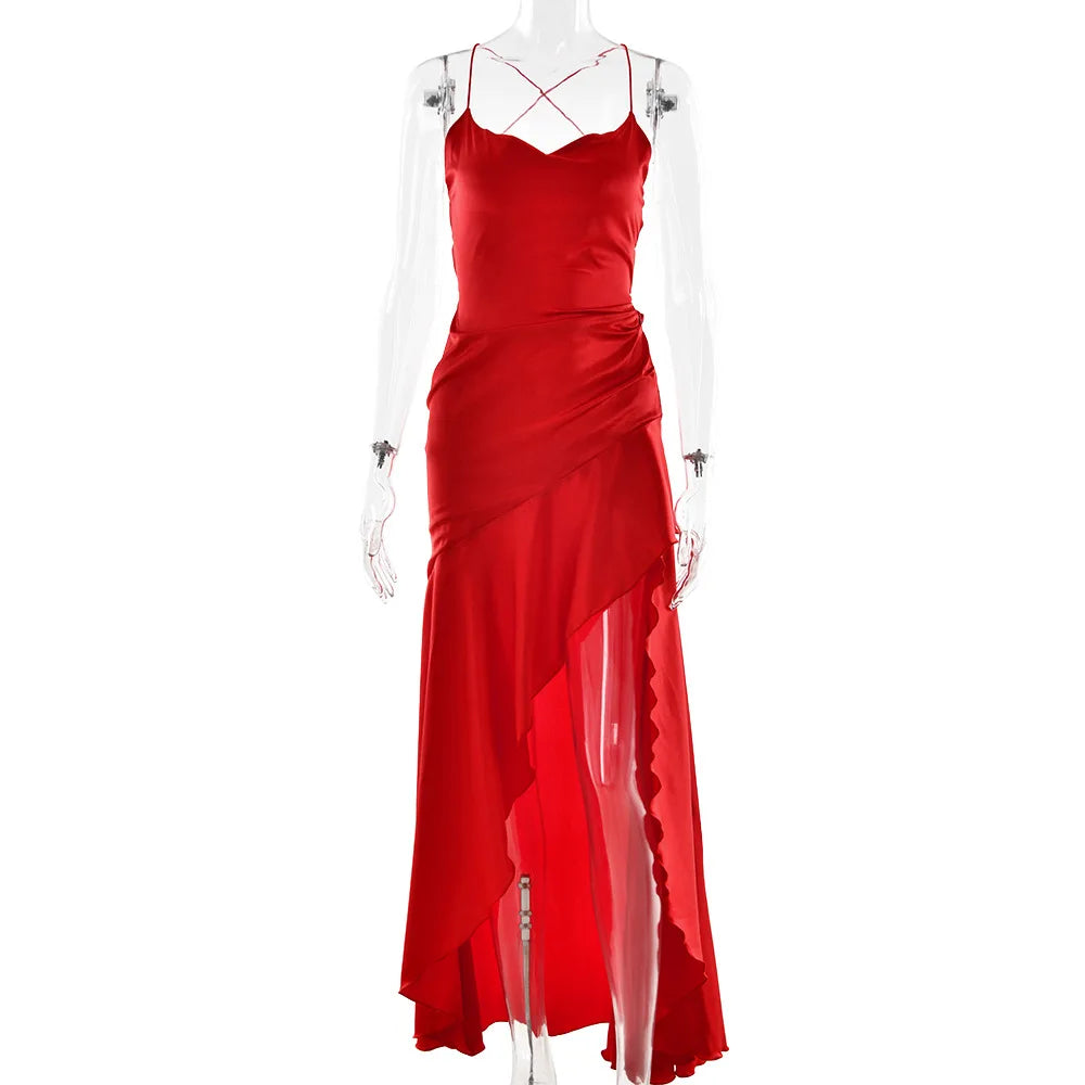 Stony Point Satin Long Dr with High Slit And Lace Trim Charming Dress