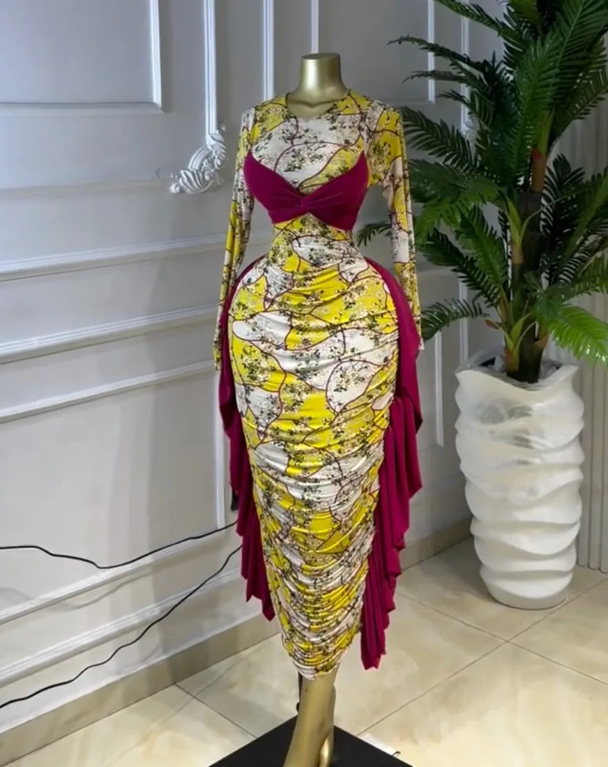 Kukutan O-neck Long Sleeve Floral Print Ruched Ruffles Long Maxi Dress