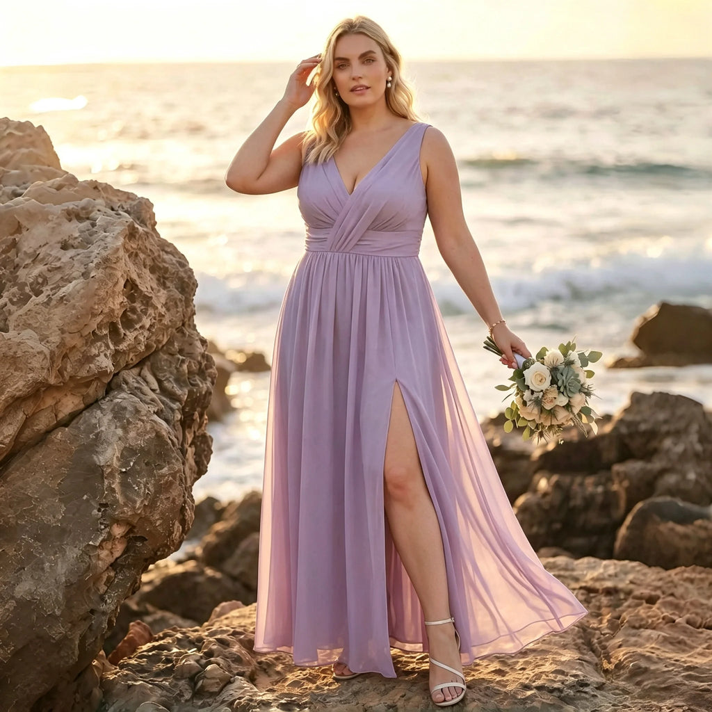 Newark Navy Blue Plus Size Chiffon Bridesmaid Sleeveless Deep V Neck Cross Ruched Dress