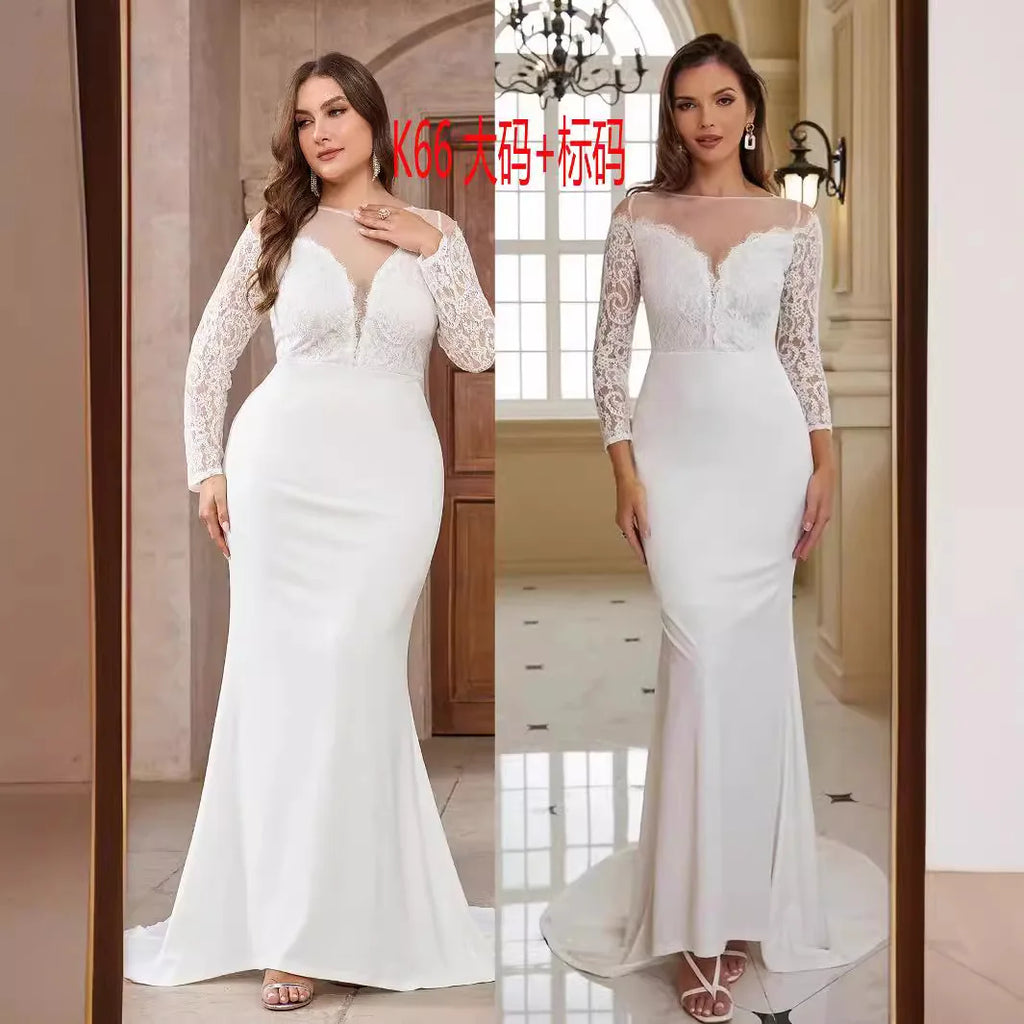 Georgia Plus Size Long Sleeve Lace Train White Wedding Banquet Gown