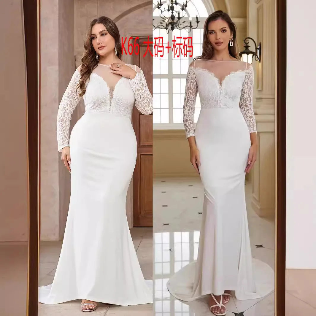 Georgia Plus Size Long Sleeve Lace Train White Wedding Banquet Gown