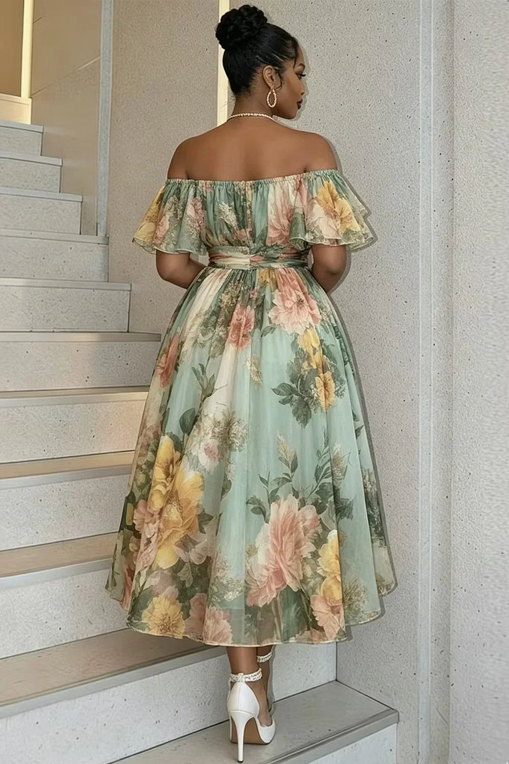 Texas Plus Size Green Floral Off Shoulder Ruffle Chiffon Midi Dress