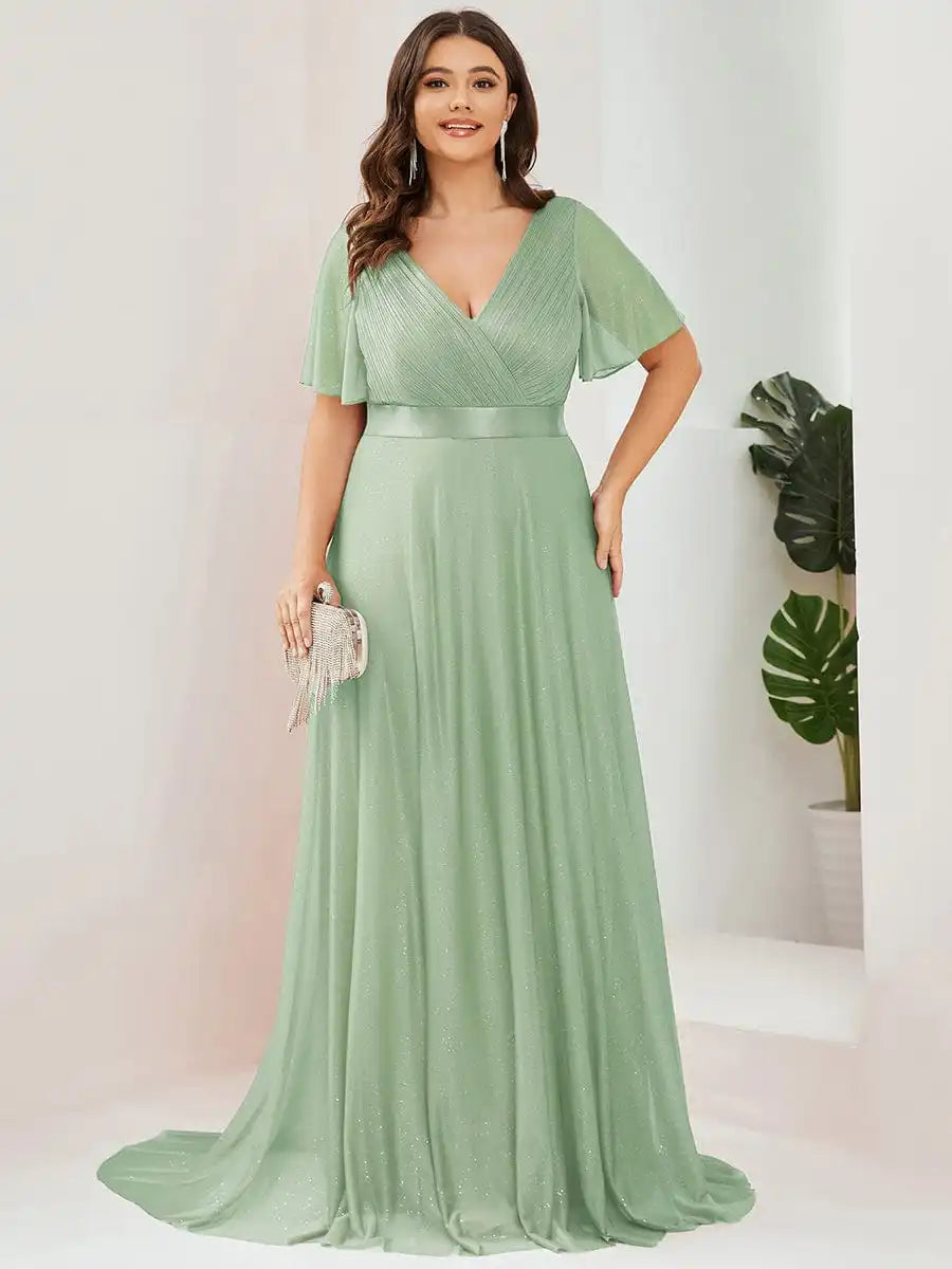 Gazcue Plus Size Chiffon Mother of the Bride Party Glitter V Neck A Line Dress