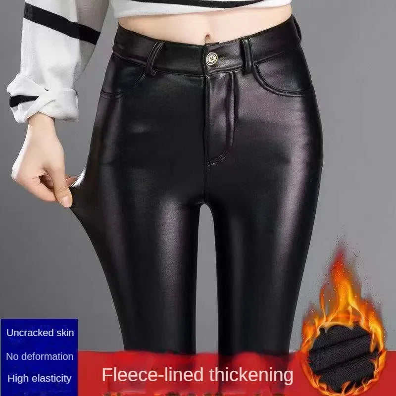 Green Pond PU Leather Leggings Pencil Pants with Thermal Lining Female High-Waisted Stretchy