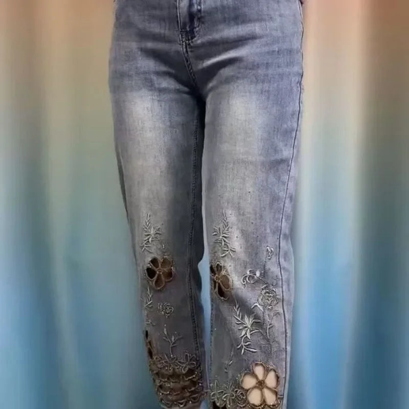 Wantage High End Hollowed Out Embroidered Denim Eight Cigarette Tube Pants