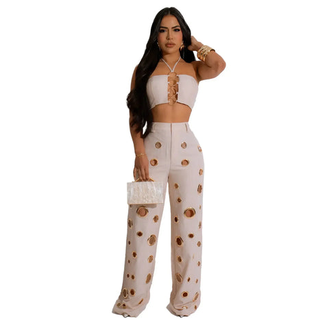Beacon Falls Sleeveless Strapless Wide Leg Hole Hollow Out Two Piece Set