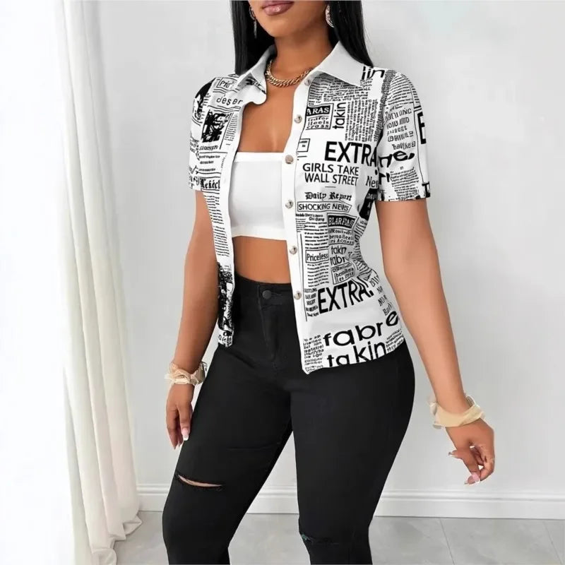 Pluto Elegant Fashion Newspaper Pattern Print Single Breasted Short Sleeve Tops