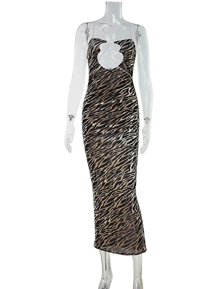 Rhinebeck Strapless Bandage Zebra Striped Sheath Bodycon Hollow Out Backless Dress