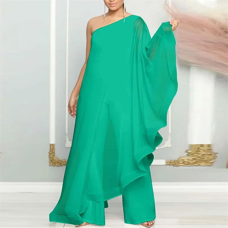 Oldwick Elegant Chiffon One Shoulder Wide Leg Jumpsuit