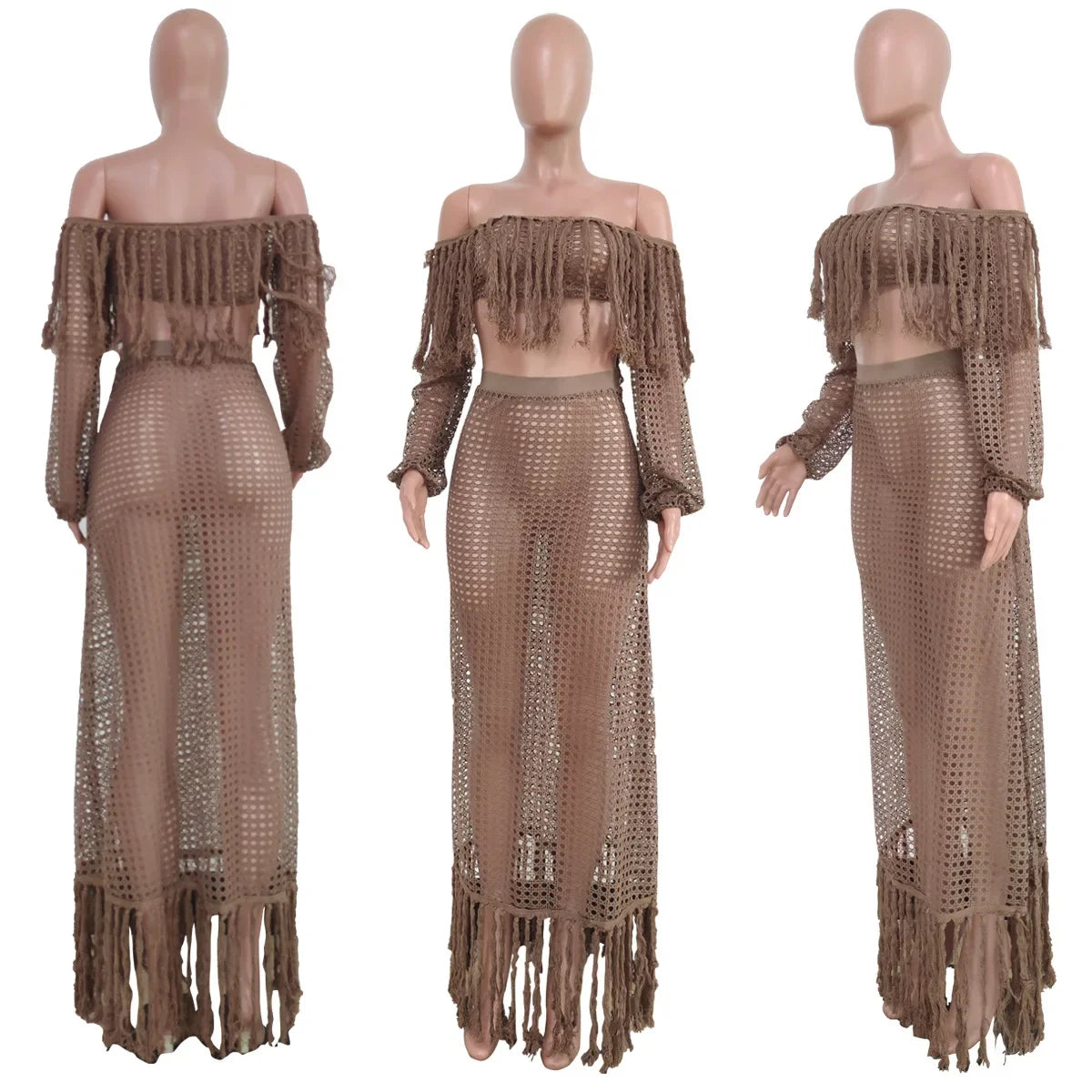 Off Shoulder Tassel Hollow Out Beach Set