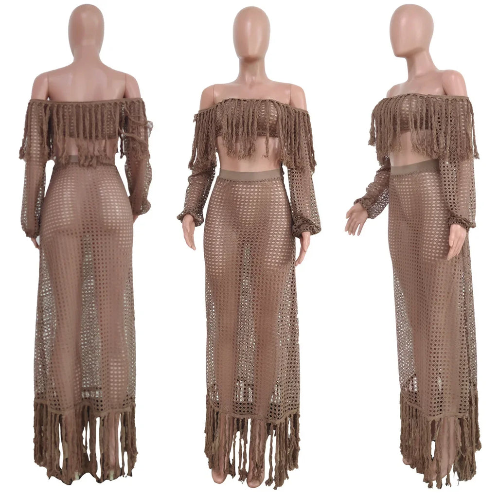 Ledyard Beach Long Off Shoulder Tassels Sexy Hollow Out Ensemble Set