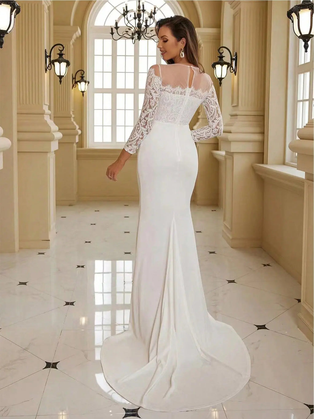 Georgia Plus Size Long Sleeve Lace Train White Wedding Banquet Gown