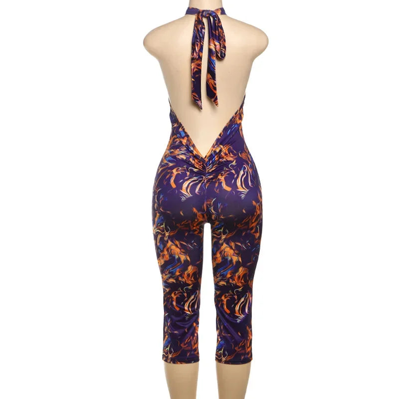 Sunset Park Dots Print Lace Up Halter Backless Skinny Knee Length Jumpsuits