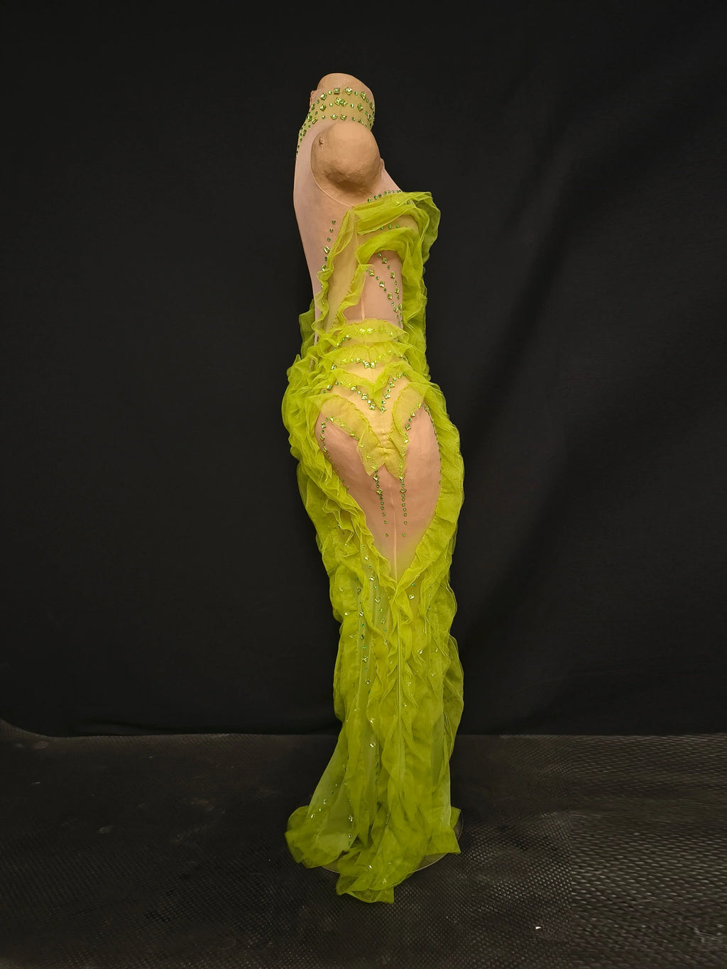 Middlesex Elegant Sparkly Green Rhinestones Mesh Sheer Ruffle Maxi Dress