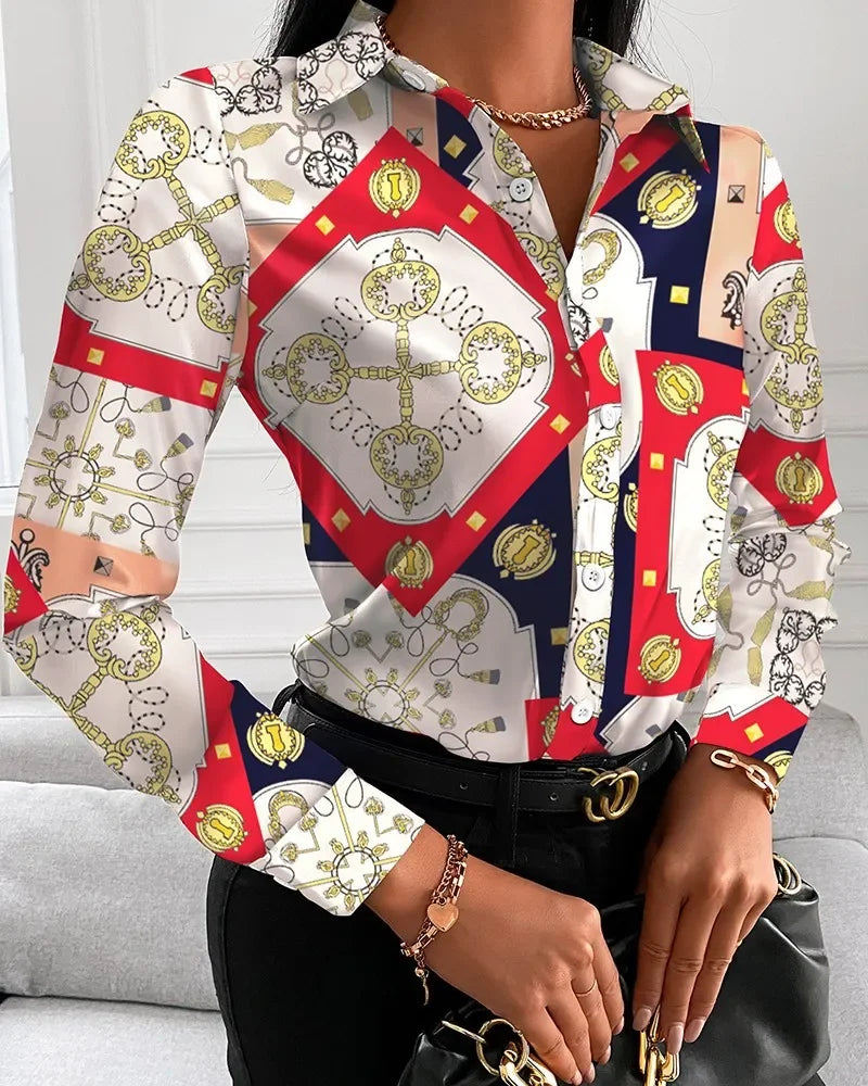 Tamaqua Wild Geometric Square Print Turn-Down Collar Long Sleeve Blouses