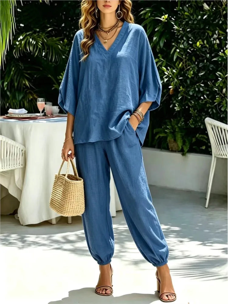 Bianca Loose Batwing Sleeve V Neck Two Piece Sets