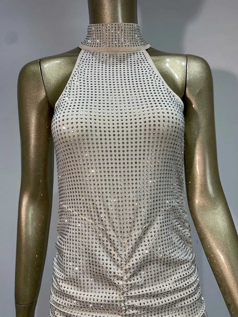 Yaphank Sleeveless Diamonds Backless Ruched Beige Maxi Long Dress