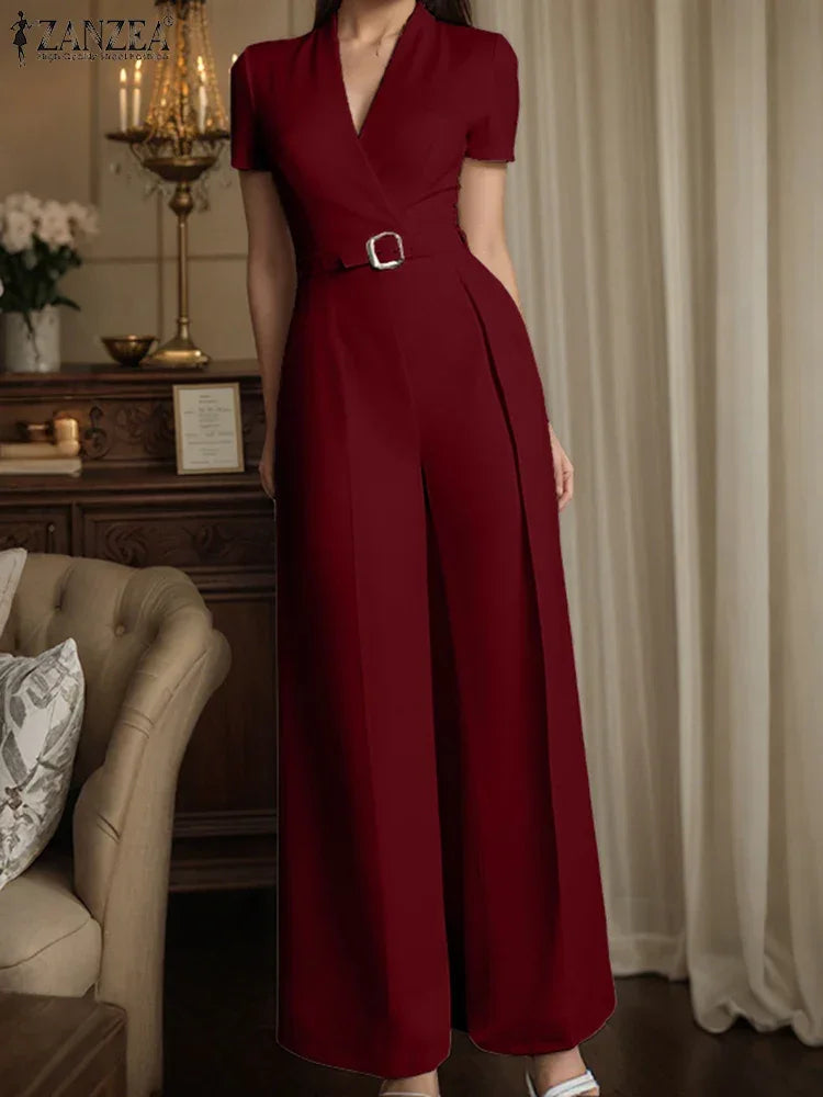 Weirton High Waist Jumpsuits Workwear Belt Rompers Solid Deep V Neck Elegant Overalls