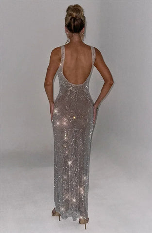 Bellport Sequins Backless Gown Sparkle Square Collar Sleeveless Bodycon Long Dress