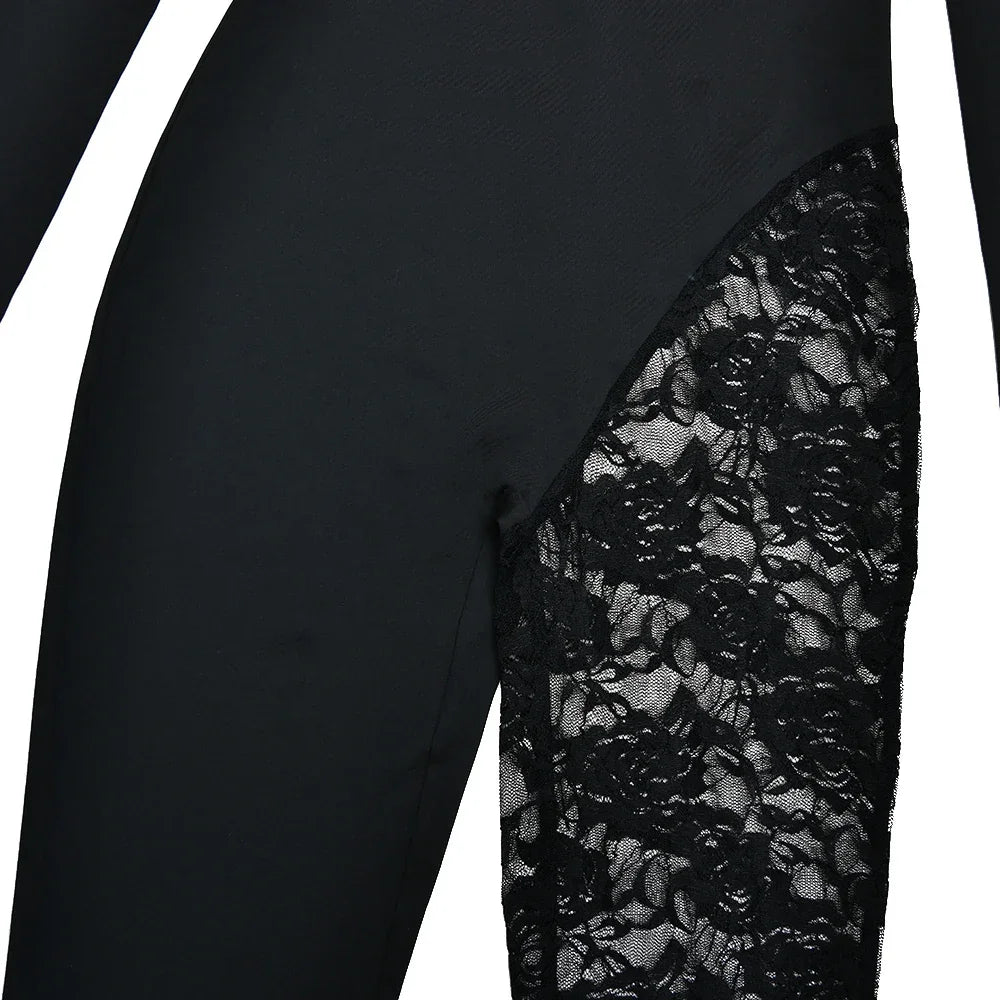 Port Chester Long Sleeve Lace Patchwork Square Collar Sexy Jumpsuits