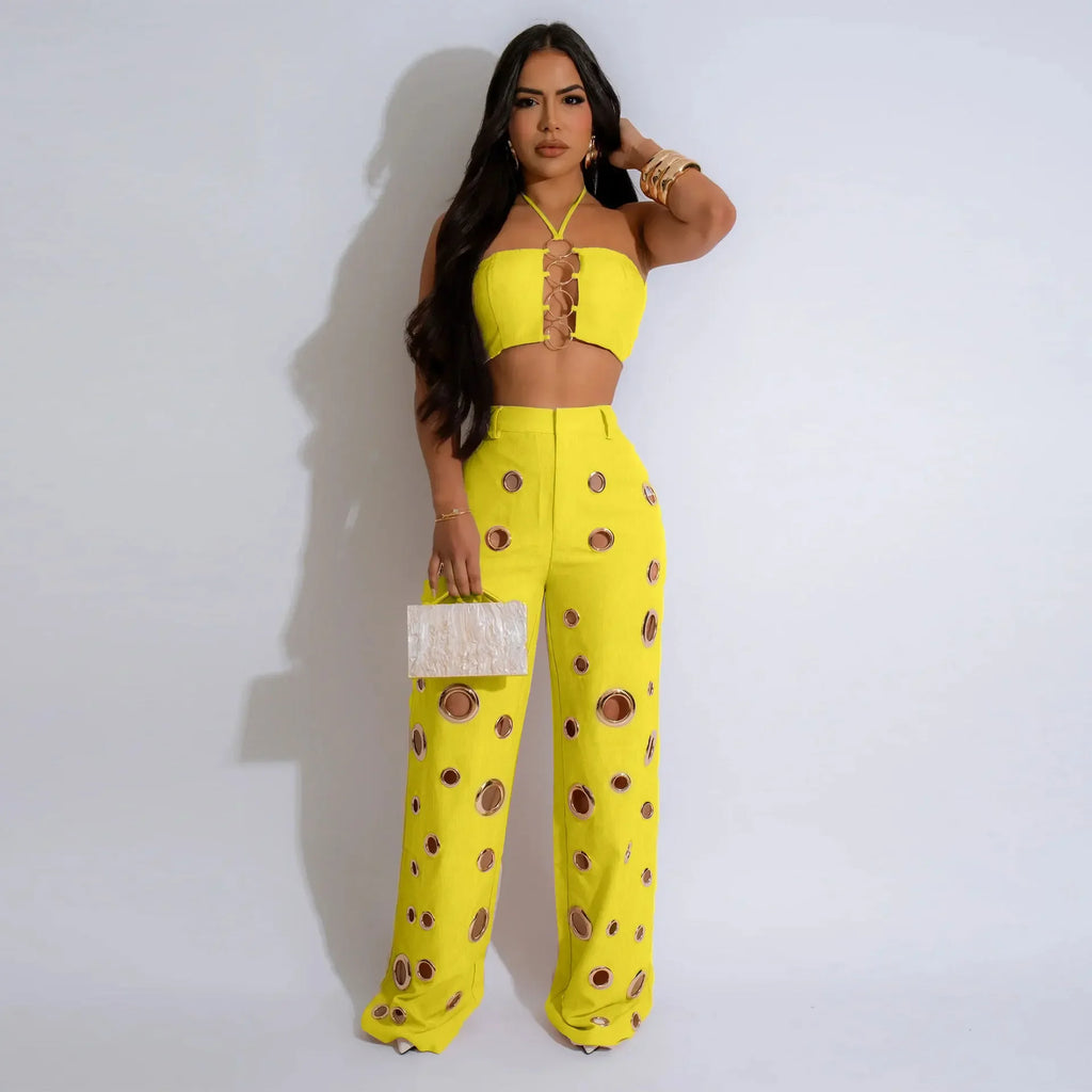 Beacon Falls Sleeveless Strapless Wide Leg Hole Hollow Out Two Piece Set