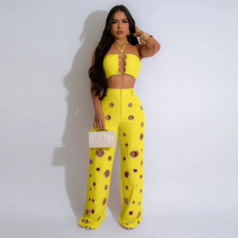 Beacon Falls Sleeveless Strapless Wide Leg Hole Hollow Out Two Piece Set