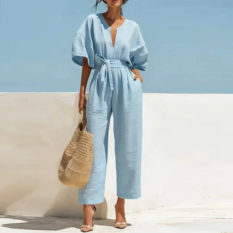 Summer Elegant Jumpsuit V Neck Lace Up High Waist Half Sleeve Long Pants Jumpsuits For Women Casual Loose Romper Playsuits